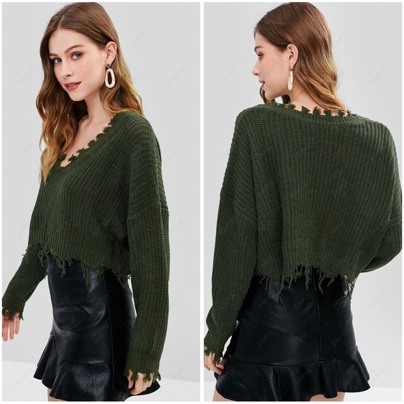 Zaful Army Green Loose Ripped V Neck Sweater One Size - Picture 2 of 14